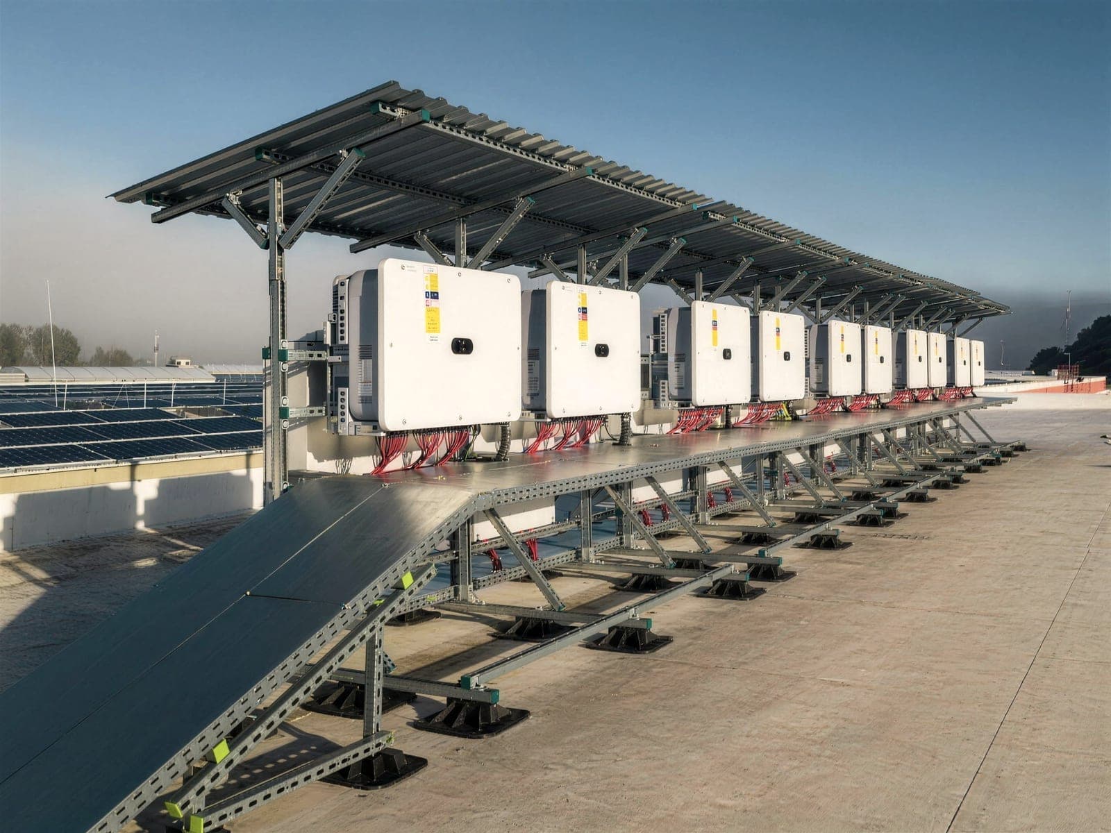 Inverters and switchboards under a solar canopy on the roof