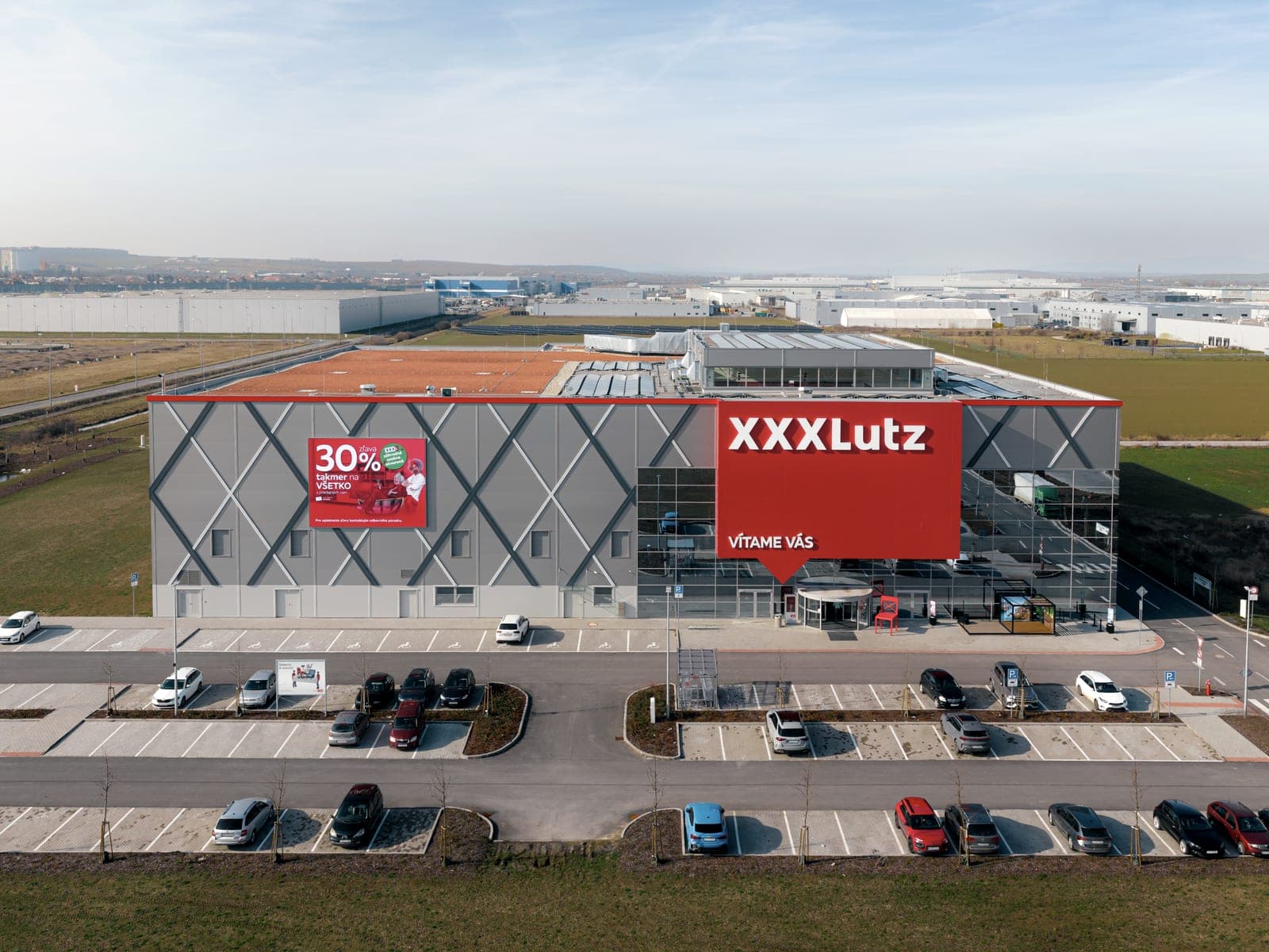 XXXLutz Nitra furniture store with car park, drone view