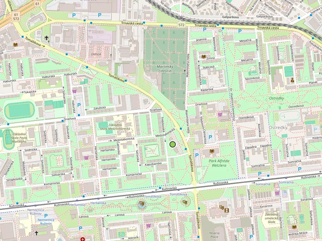 Map of the area around the office on Tomášikova street in Bratislava with a location marker.
