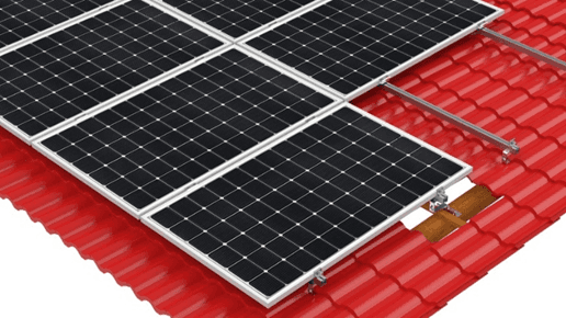 Structure for photovoltaics on a pitched roof with tiles.